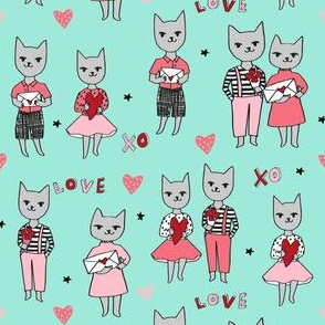 cat love // mint cats fabric valentines love fabric cute hearts love design