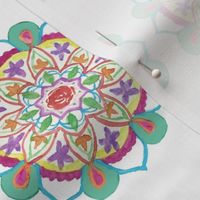 Hand painted Watercolor Mandala on White - raspberry pink, purple, and green