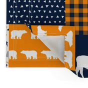 patchwork cheater quilt, quilt squares, orange navy and grey cheater fabrics 6" squares