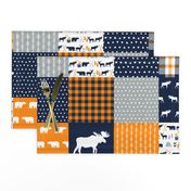 patchwork cheater quilt, quilt squares, orange navy and grey cheater fabrics 6" squares