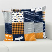 patchwork cheater quilt, quilt squares, orange navy and grey cheater fabrics 6" squares