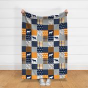 patchwork cheater quilt, quilt squares, orange navy and grey cheater fabrics 6" squares