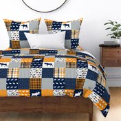 patchwork cheater quilt, quilt squares, orange navy and grey cheater fabrics 6" squares