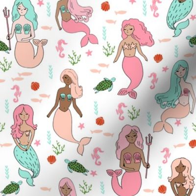 mermaids // cute mermaid fabric girls mermaiden design pink coral mint mermaids fabric
