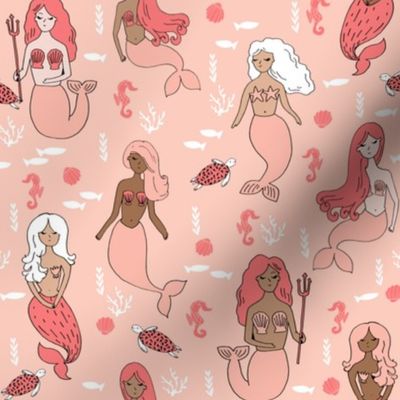 mermaid // mermaids fabric coral and blush girls fabric cute mermaids design nautical summer ocean sea creatures