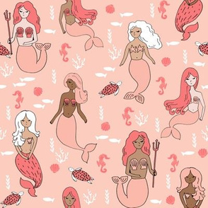mermaid // mermaids fabric coral and blush girls fabric cute mermaids design nautical summer ocean sea creatures