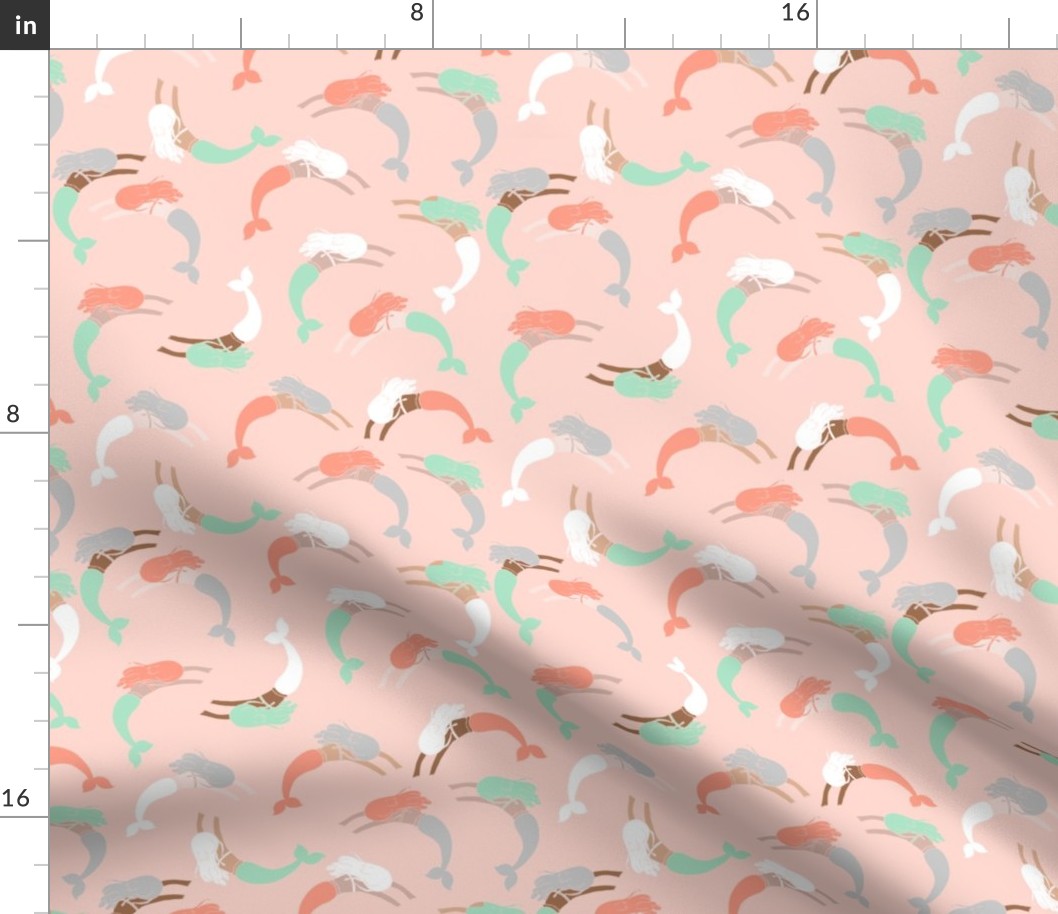 swimming mermaids // coral mint and grey mermaid fabric nautical summer baby design