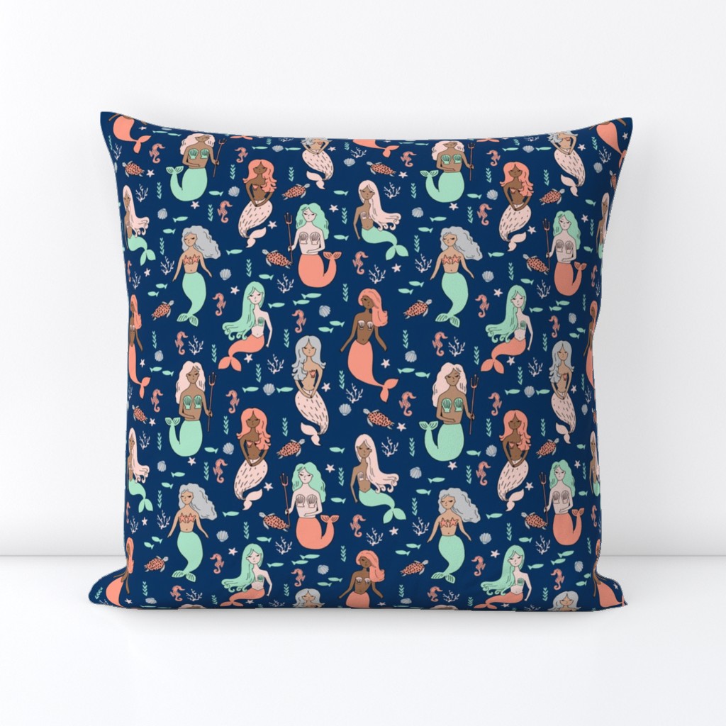 mermaids // mermaid fabric navy and mint girls fabric coral nautical summer fabric