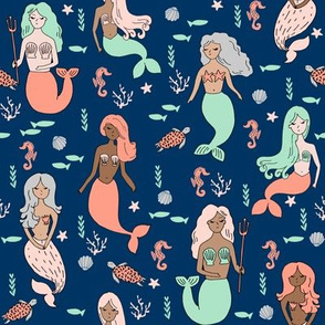 mermaids // mermaid fabric navy and mint girls fabric coral nautical summer fabric