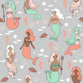 mermaid // mermaids grey mint and coral fabric summer nautical design