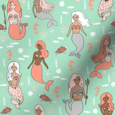 mermaid // mermaids fabric mint and coral design summer nautical fabric andrea lauren design