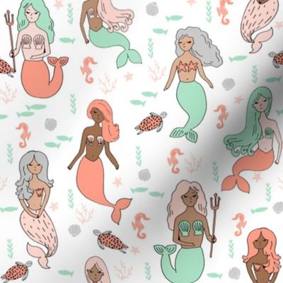 mermaid // mermaids coral mint and grey girls fabric cute mermaids design baby nautical fabric