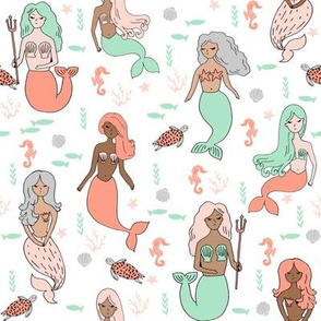 mermaid // mermaids coral mint and grey girls fabric cute mermaids design baby nautical fabric