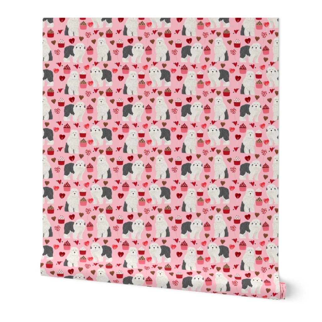 old english sheepdog, dog pink dog fabric valentines love valentines day fabric