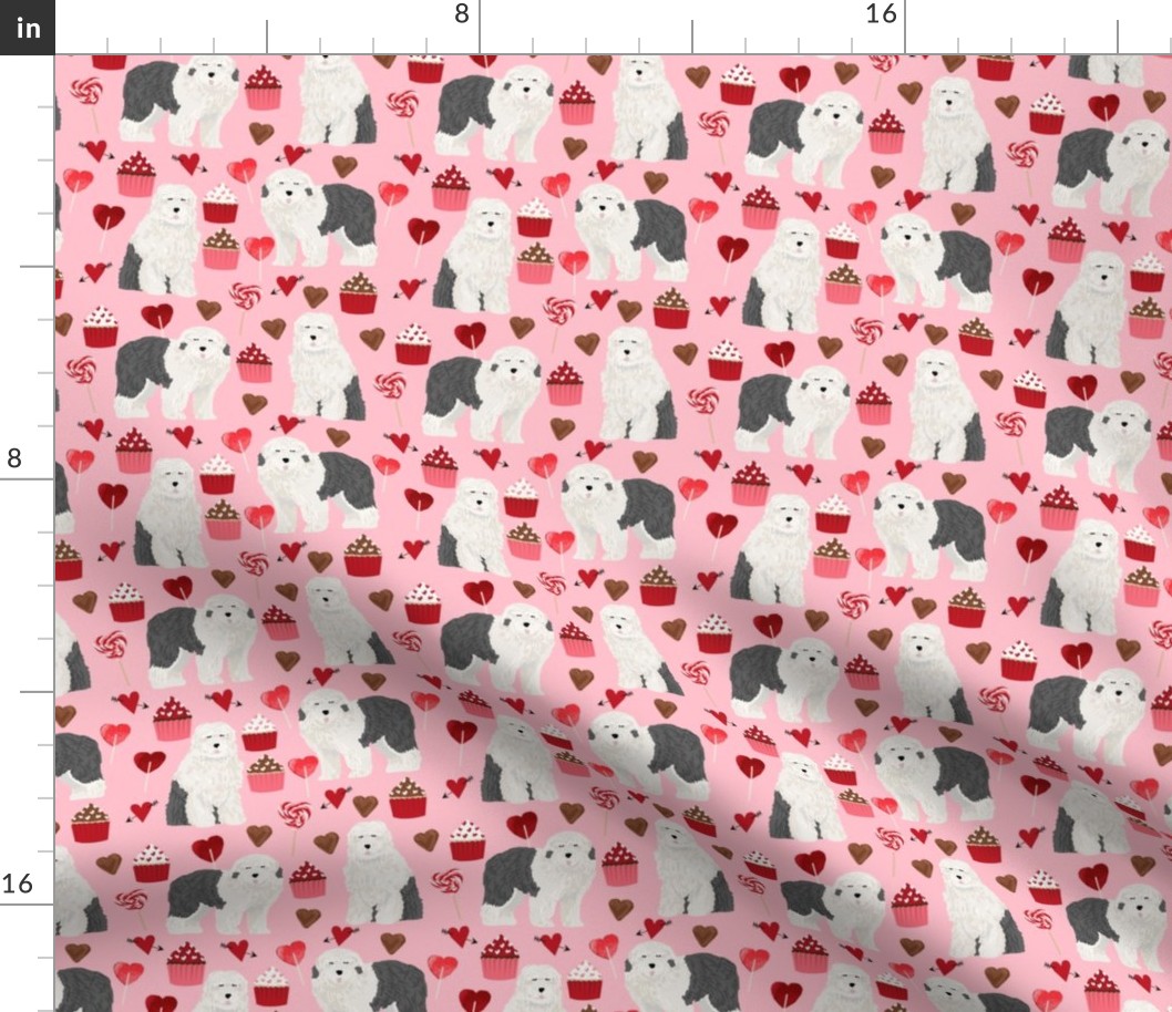 old english sheepdog, dog pink dog fabric valentines love valentines day fabric