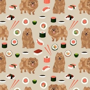 pomeranian dog fabric, cute dog design, pom dog, sushi food fabric