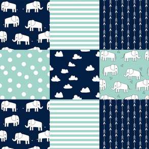 elephants patchwork // navy and mint quilt squares fabric nursery baby design quilt squares cheater quilt fabric