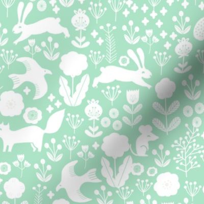 spring // mint woodland fabric animals birds fox rabbit girls baby nursery design