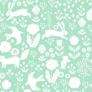 spring // mint woodland fabric animals birds fox rabbit girls baby nursery design