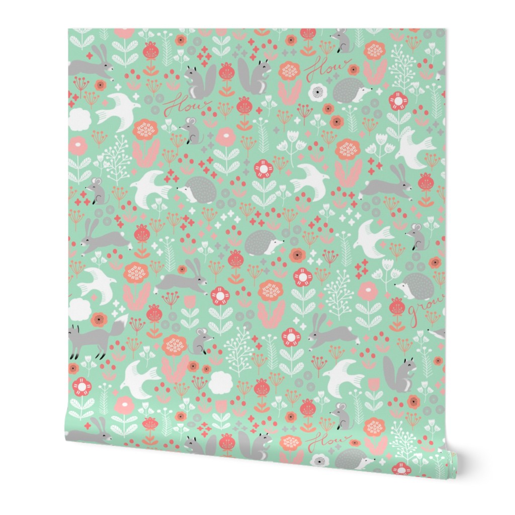 spring // mint and coral spring woodland animals forest spring florals andrea lauren fabric