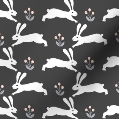 rabbit // charcoal running rabbit baby nursery fabric cute bunnies spring animals design