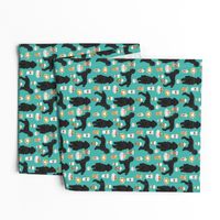 black poodle fabric dogs and coffees fabric turquoise