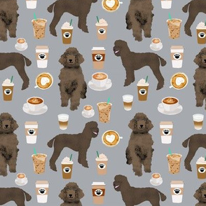 brown poodles and coffees fabric cute dog fabric - grey