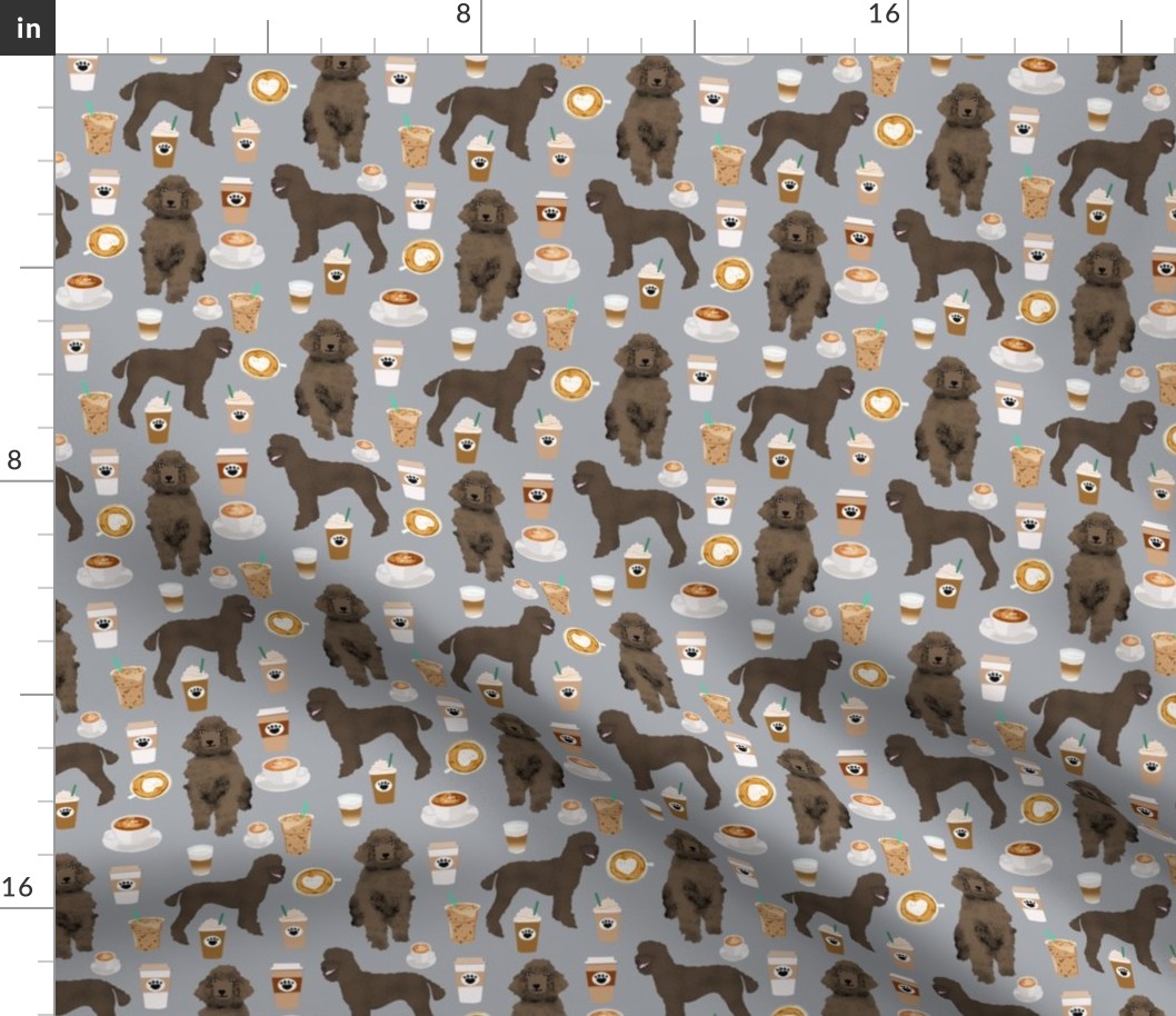 brown poodles and coffees fabric cute dog fabric - grey