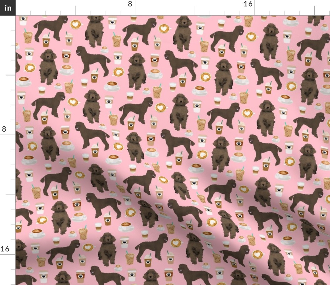 brown poodles and coffees fabric cute dog fabric - blossom pink