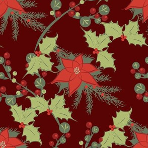 Poinsettias and Holly on Red