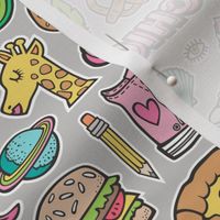 90's Vintage Patches Stickers Doodle Audio Tape, Cactus, Watermelon, Pizza, Hamburger, Fries & Shoes on Grey