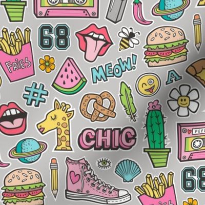 90's Vintage Patches Stickers Doodle Audio Tape, Cactus, Watermelon, Pizza, Hamburger, Fries & Shoes on Grey