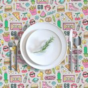 90's Vintage Patches Stickers Doodle Audio Tape, Cactus, Watermelon, Pizza, Hamburger, Fries & Shoes on Grey