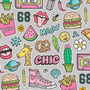 90's Vintage Patches Stickers Doodle Audio Tape, Cactus, Watermelon, Pizza, Hamburger, Fries & Shoes on Grey