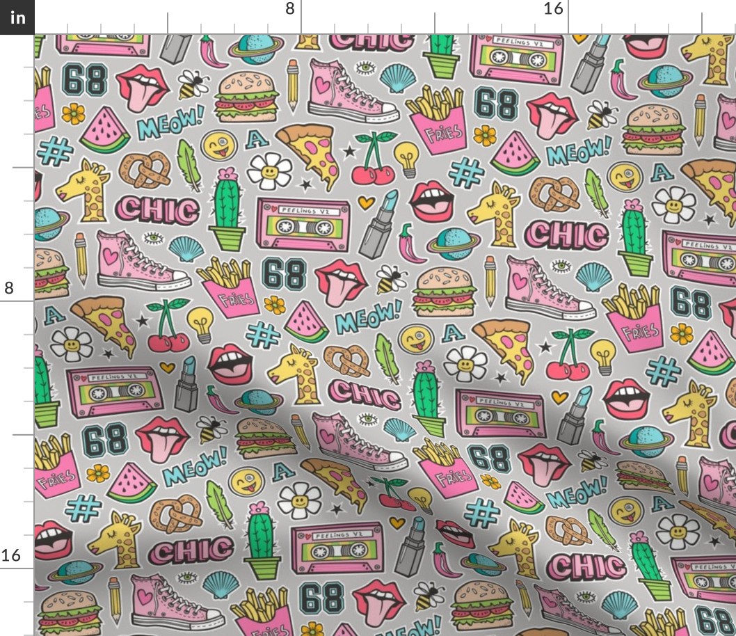 90's Vintage Patches Stickers Doodle Audio Tape, Cactus, Watermelon, Pizza, Hamburger, Fries & Shoes on Grey