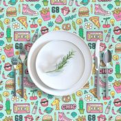 90's Vintage Patches Stickers Doodle Audio Tape, Cactus, Watermelon, Pizza, Hamburger, Fries & Shoes on Mint Green