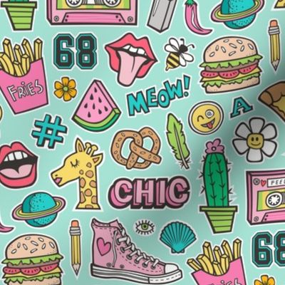 90's Vintage Patches Stickers Doodle Audio Tape, Cactus, Watermelon, Pizza, Hamburger, Fries & Shoes on Mint Green