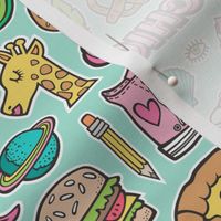 90's Vintage Patches Stickers Doodle Audio Tape, Cactus, Watermelon, Pizza, Hamburger, Fries & Shoes on Mint Green