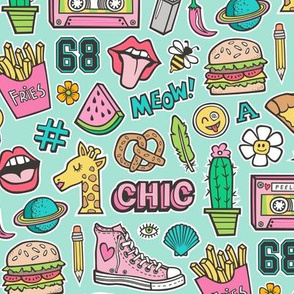 90's Vintage Patches Stickers Doodle Audio Tape, Cactus, Watermelon, Pizza, Hamburger, Fries & Shoes on Mint Green