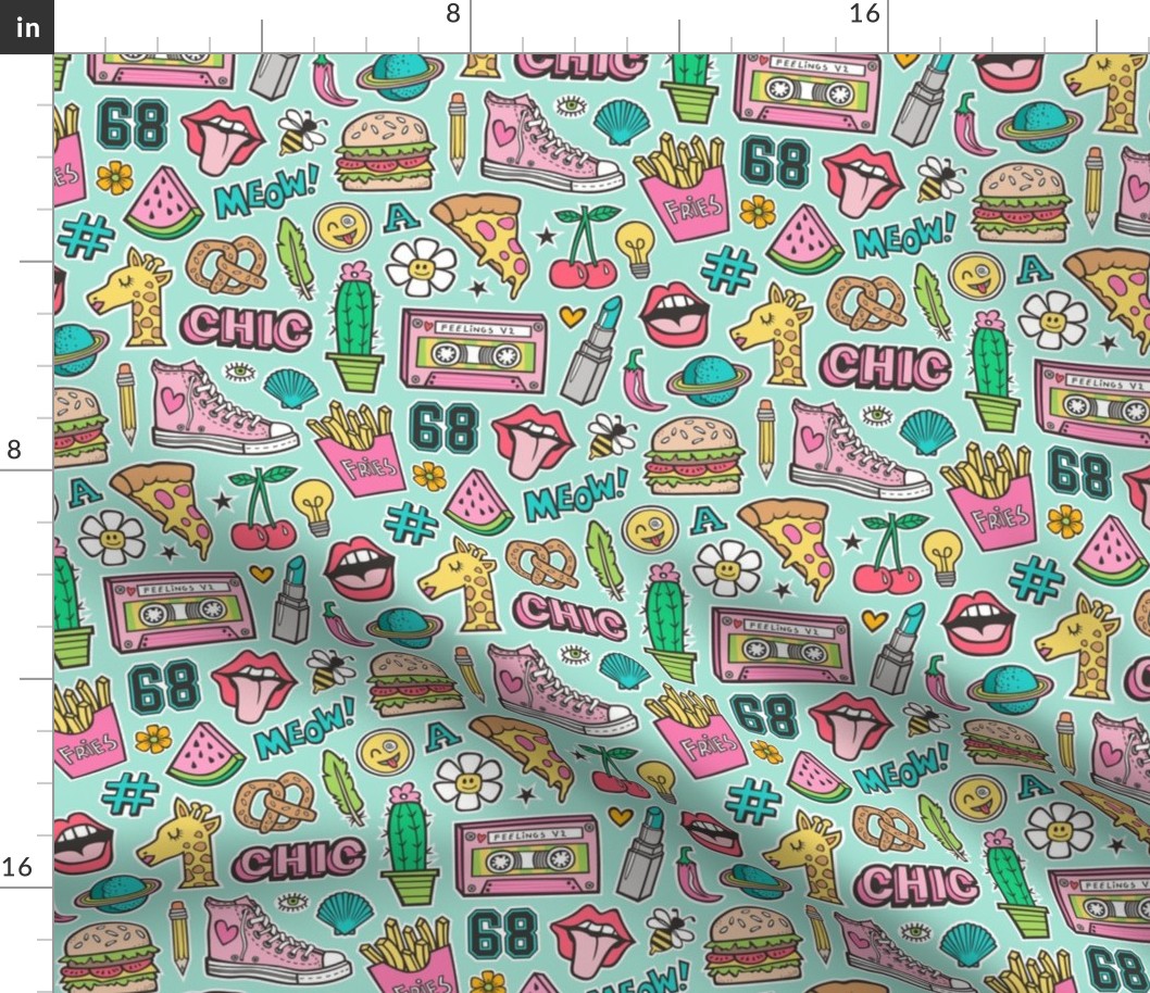 90's Vintage Patches Stickers Doodle Audio Tape, Cactus, Watermelon, Pizza, Hamburger, Fries & Shoes on Mint Green