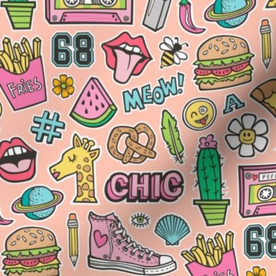 90's Vintage Patches Stickers Doodle Audio Tape, Cactus, Watermelon, Pizza, Hamburger, Fries & Shoes on Peach