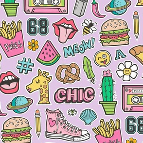 90's Vintage Patches Stickers Doodle Audio Tape, Cactus, Watermelon, Pizza, Hamburger, Fries & Shoes on Purple Purpel