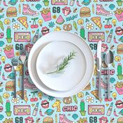 90's Vintage Patches Stickers Doodle Audio Tape, Cactus, Watermelon, Pizza, Hamburger, Fries & Shoes on Blue