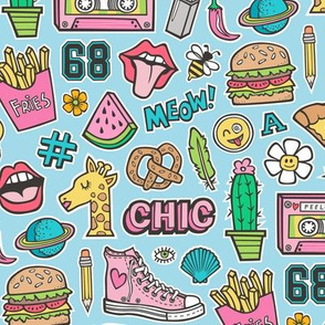 90's Vintage Patches Stickers Doodle Audio Tape, Cactus, Watermelon, Pizza, Hamburger, Fries & Shoes on Blue