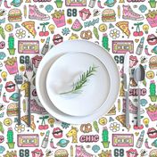 90's Vintage Patches Stickers Doodle Audio Tape, Cactus, Watermelon, Pizza, Hamburger, Fries & Shoes on White