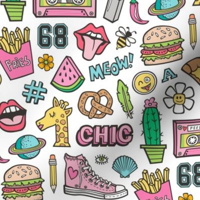 90's Vintage Patches Stickers Doodle Audio Tape, Cactus, Watermelon, Pizza, Hamburger, Fries & Shoes on White