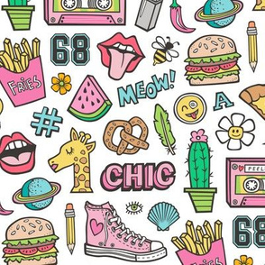 90's Vintage Patches Stickers Doodle Audio Tape, Cactus, Watermelon, Pizza, Hamburger, Fries & Shoes on White