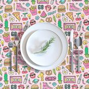 90's Vintage Patches Stickers Doodle Audio Tape, Cactus, Watermelon, Pizza, Hamburger, Fries & Shoes on Pink