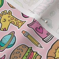 90's Vintage Patches Stickers Doodle Audio Tape, Cactus, Watermelon, Pizza, Hamburger, Fries & Shoes on Pink
