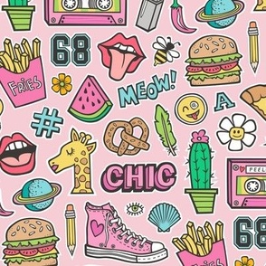 90's Vintage Patches Stickers Doodle Audio Tape, Cactus, Watermelon, Pizza, Hamburger, Fries & Shoes on Pink